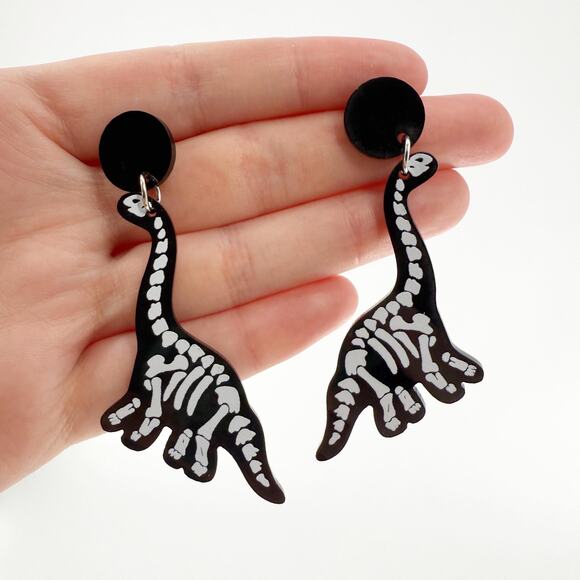 Black & White Brontosaurus Dinosaur Skeleton Earrings, Dinosaur Bone Earrings - Picture 3 of 4